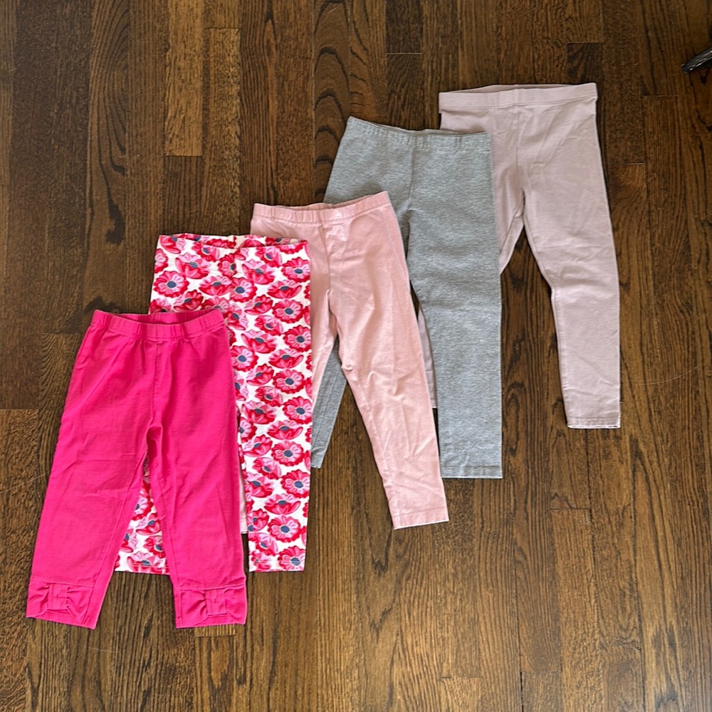 Bundle of 5 Pairs of Girls Leggings - All Approximately size 4t Pinks and Grays